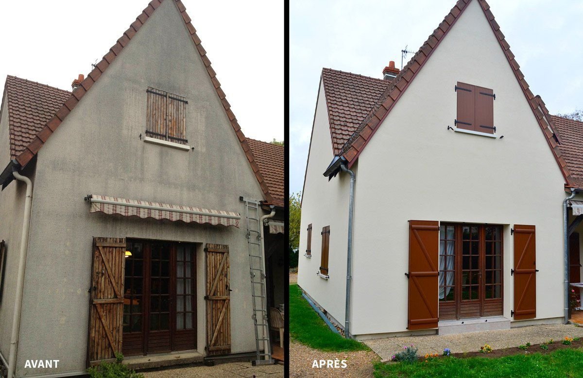 Une photo avant et après d'une maison avec des volets