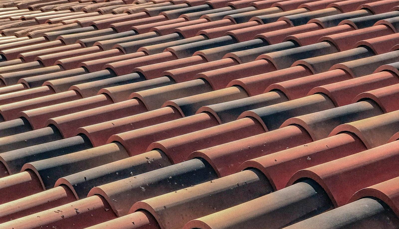 Un gros plan d'une rangée de tuiles rouges et noires sur un toit.